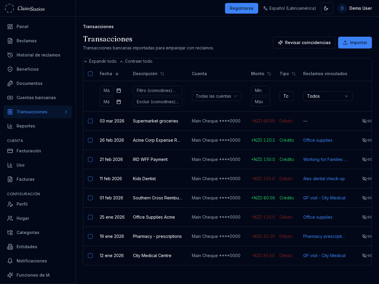 Vista de transacciones de ClaimStation